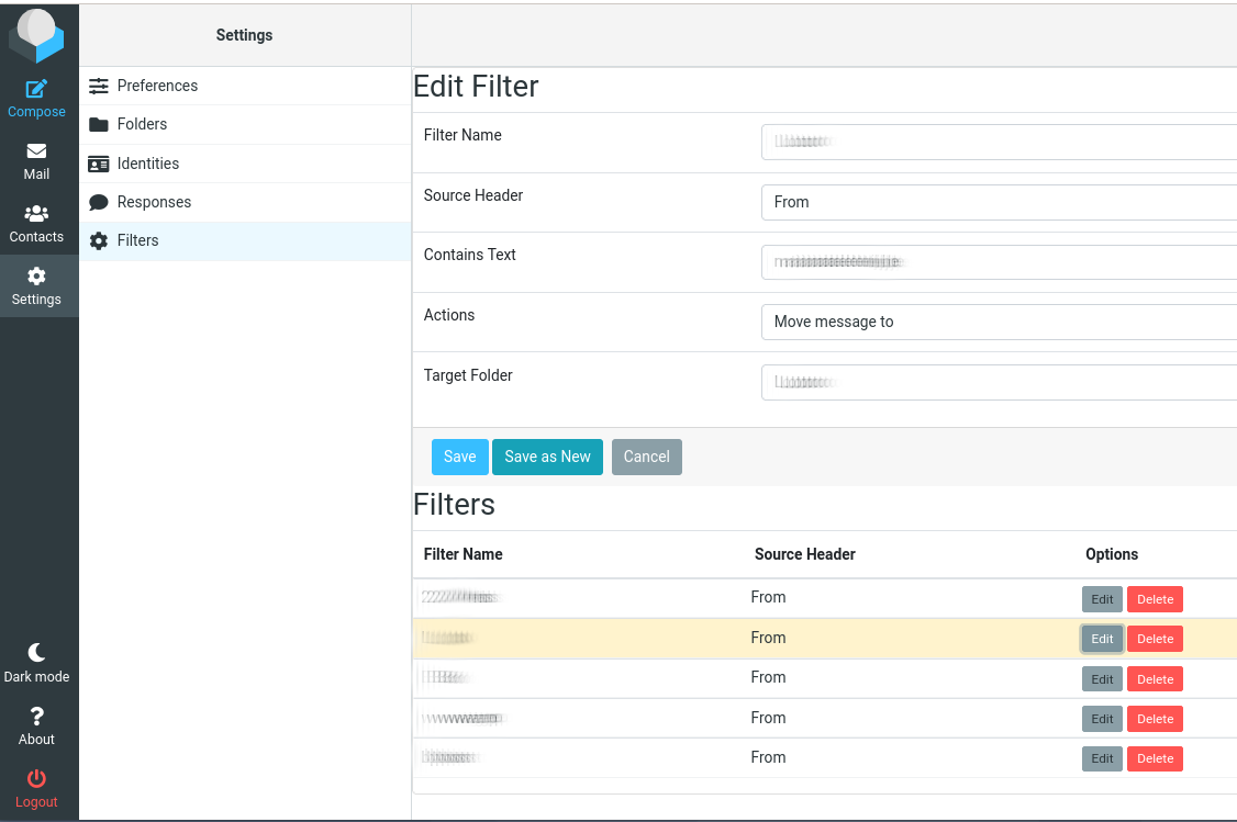 Shows editing of filter rule.